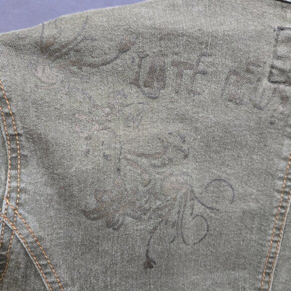 Y2K Fitted Denim Utility Jacket Size XXL Green Full Zip Flap Pockets Grunge - Picture 12 of 16